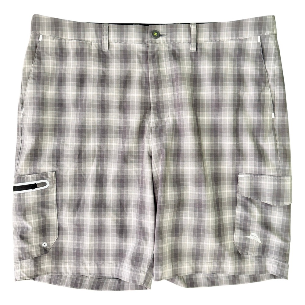 Tommy Bahama IslandZone Mens 40 Grey Plaid Cargo Shorts Performance Golf Travel